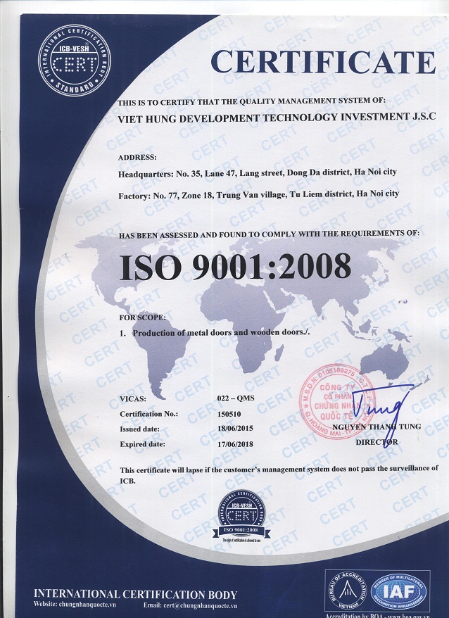 Giấy chứng nhận ISO 9001:2008 - Công Ty Cổ Phần Đầu Tư Công Nghệ Phát Triển Việt Hưng